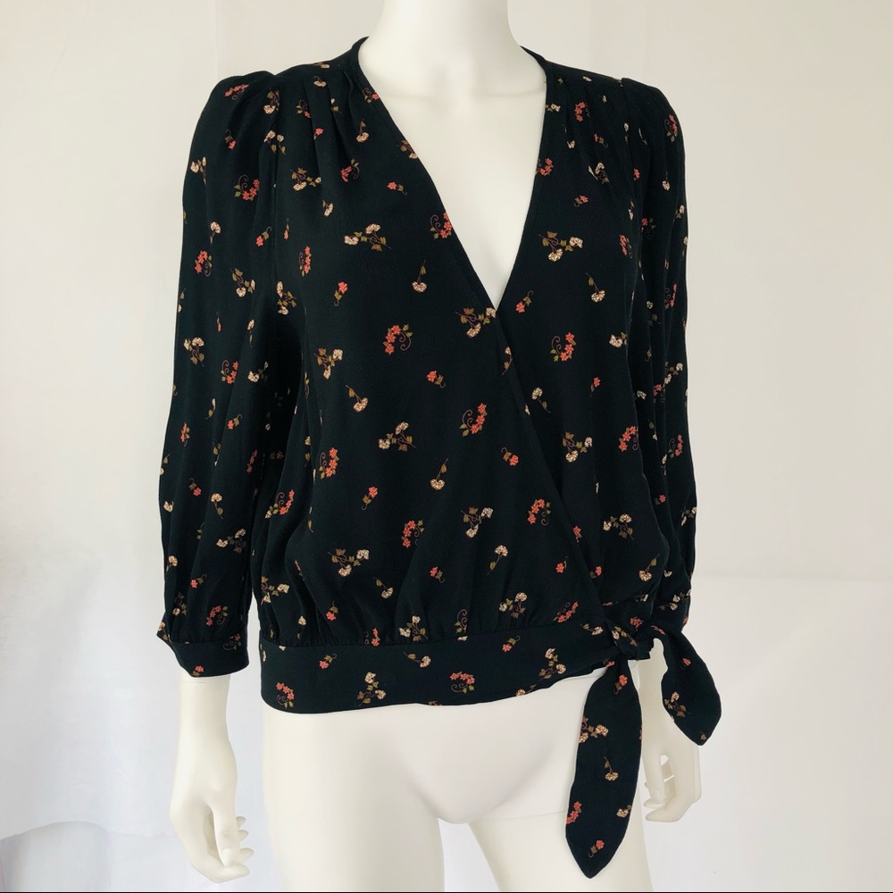 Madewell Black Floral Wrap Top Long Sleeve Small